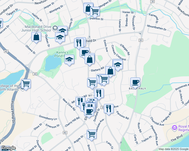 map of restaurants, bars, coffee shops, grocery stores, and more near 2A Tobin Crescent in St. John's