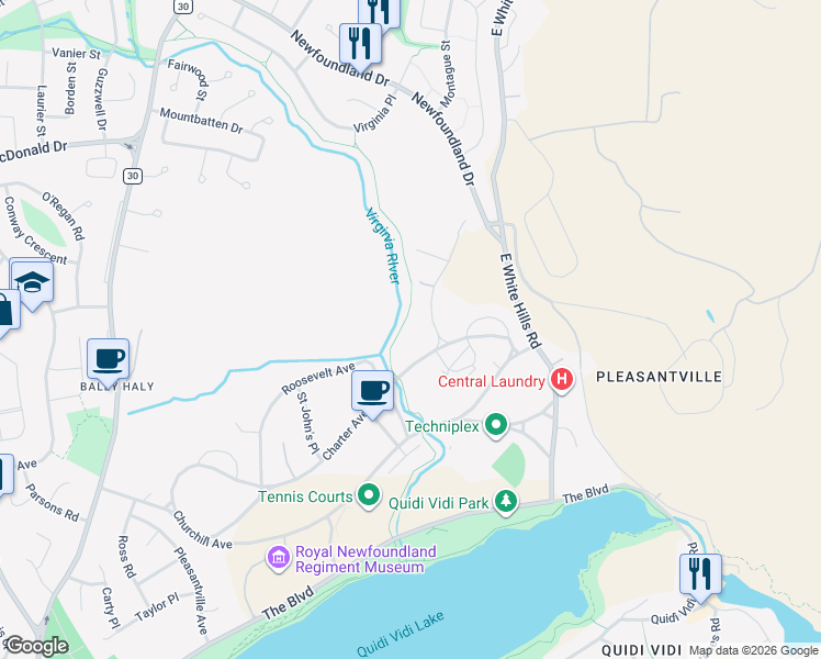 map of restaurants, bars, coffee shops, grocery stores, and more near 11 Janeway Place in St. John's