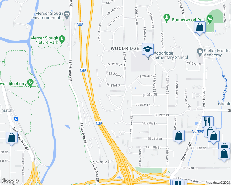 map of restaurants, bars, coffee shops, grocery stores, and more near 12226 Southeast 25th Street in Bellevue