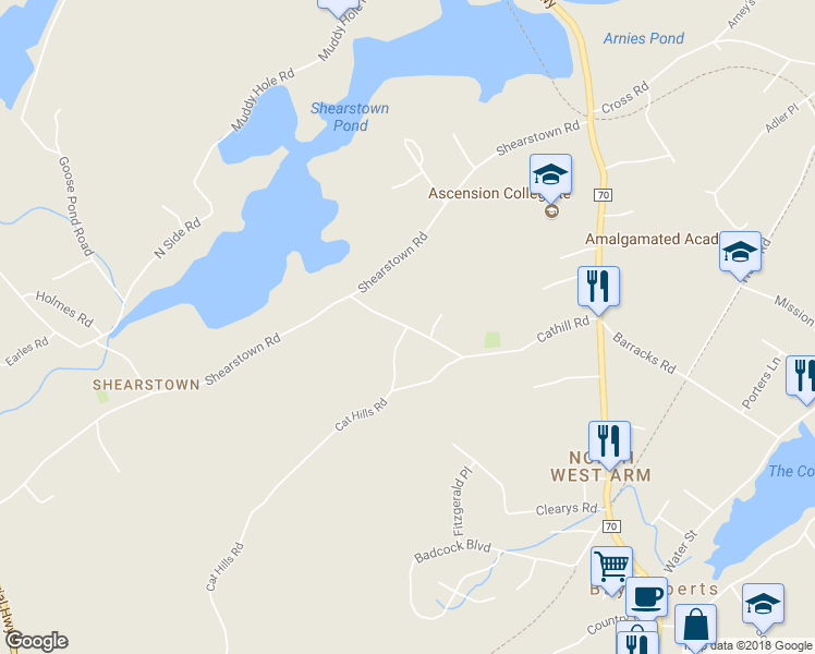 map of restaurants, bars, coffee shops, grocery stores, and more near Cemetary Road in Bay Roberts