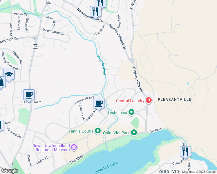 map of restaurants, bars, coffee shops, grocery stores, and more near 11 Janeway Place in St. John's