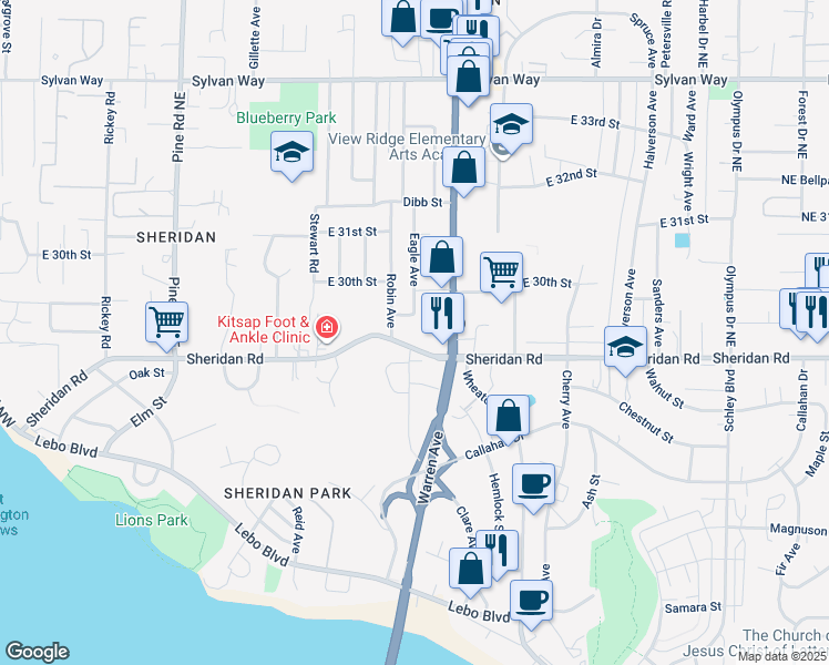 map of restaurants, bars, coffee shops, grocery stores, and more near 1026 Sheridan Road in Bremerton