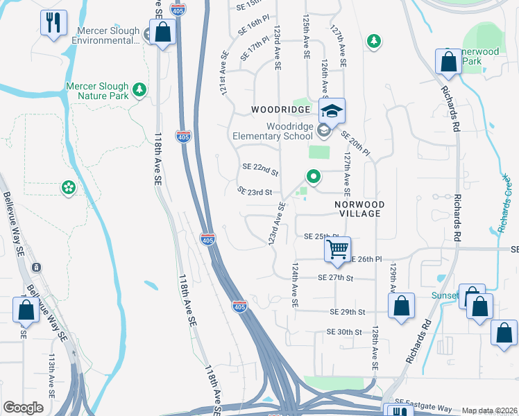 map of restaurants, bars, coffee shops, grocery stores, and more near 12226 Southeast 25th Street in Bellevue