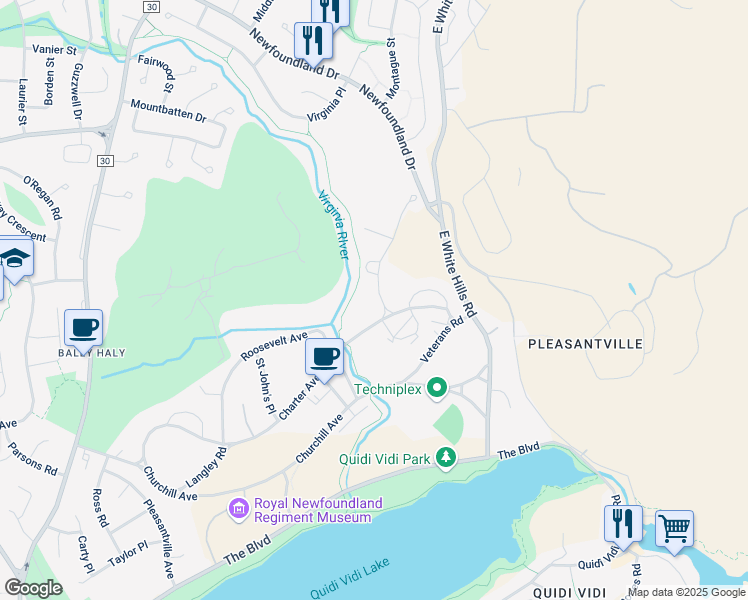 map of restaurants, bars, coffee shops, grocery stores, and more near 9 Janeway Place in St. John's