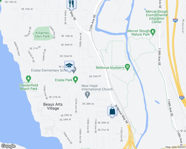 map of restaurants, bars, coffee shops, grocery stores, and more near 10926 Southeast 24th Place in Bellevue