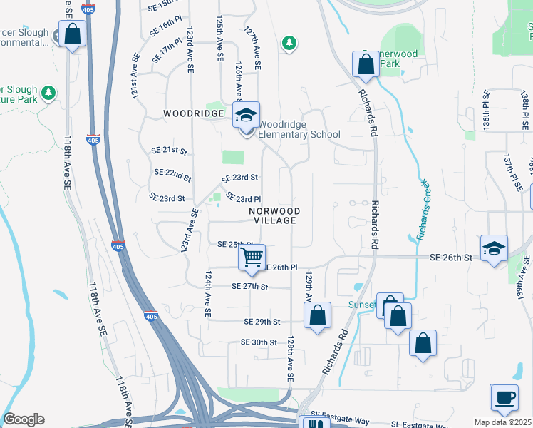 map of restaurants, bars, coffee shops, grocery stores, and more near 2404 127th Avenue Southeast in Bellevue
