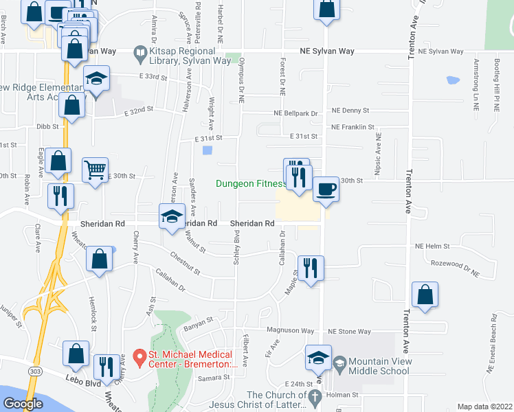 map of restaurants, bars, coffee shops, grocery stores, and more near 1923 Northeast Barnett Street in Bremerton