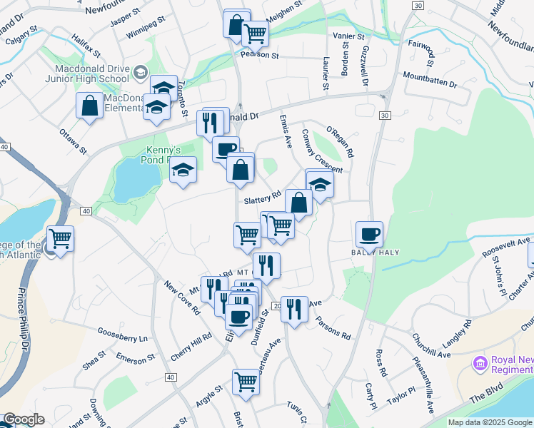 map of restaurants, bars, coffee shops, grocery stores, and more near 9 Tobin Crescent in St. John's