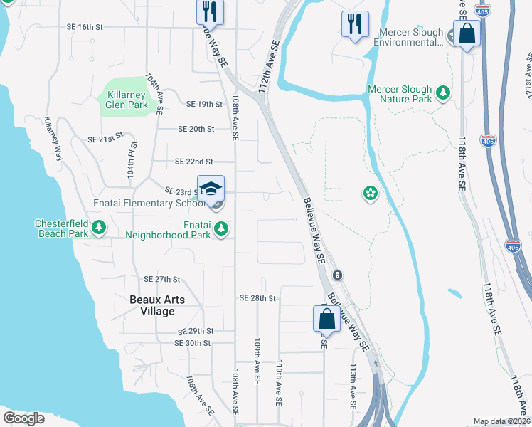 map of restaurants, bars, coffee shops, grocery stores, and more near 10926 Southeast 24th Place in Bellevue