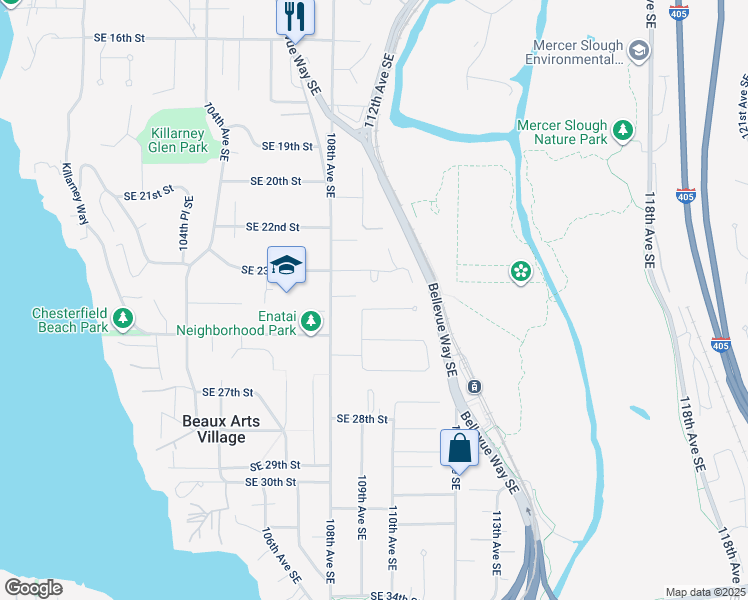 map of restaurants, bars, coffee shops, grocery stores, and more near 10924 Southeast 24th Place in Bellevue