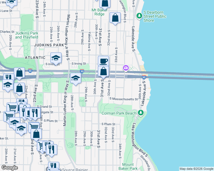 map of restaurants, bars, coffee shops, grocery stores, and more near 1513 32nd Avenue South in Seattle