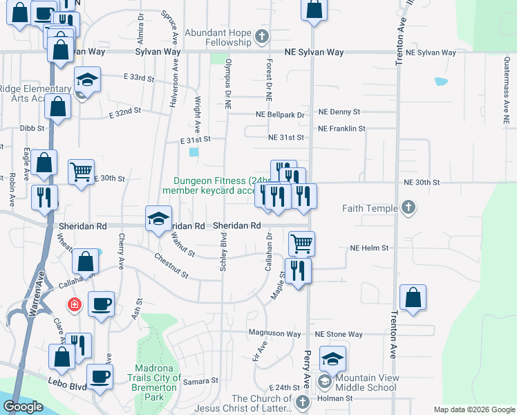 map of restaurants, bars, coffee shops, grocery stores, and more near 1943 Northeast Barnett Street in Bremerton