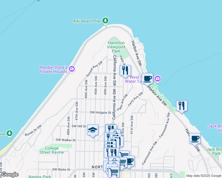 map of restaurants, bars, coffee shops, grocery stores, and more near 4309 Southwest Seattle Street in Seattle
