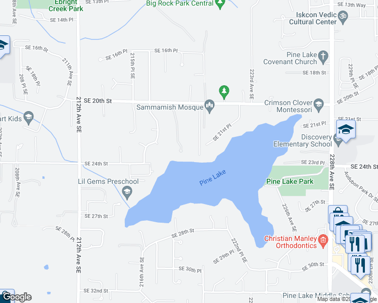 map of restaurants, bars, coffee shops, grocery stores, and more near 21827 Southeast 20th Street in Sammamish
