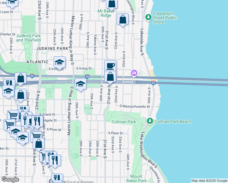 map of restaurants, bars, coffee shops, grocery stores, and more near 1513 32nd Avenue South in Seattle