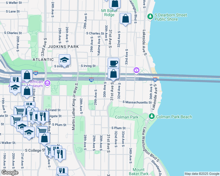 map of restaurants, bars, coffee shops, grocery stores, and more near 1512 30th Avenue South in Seattle