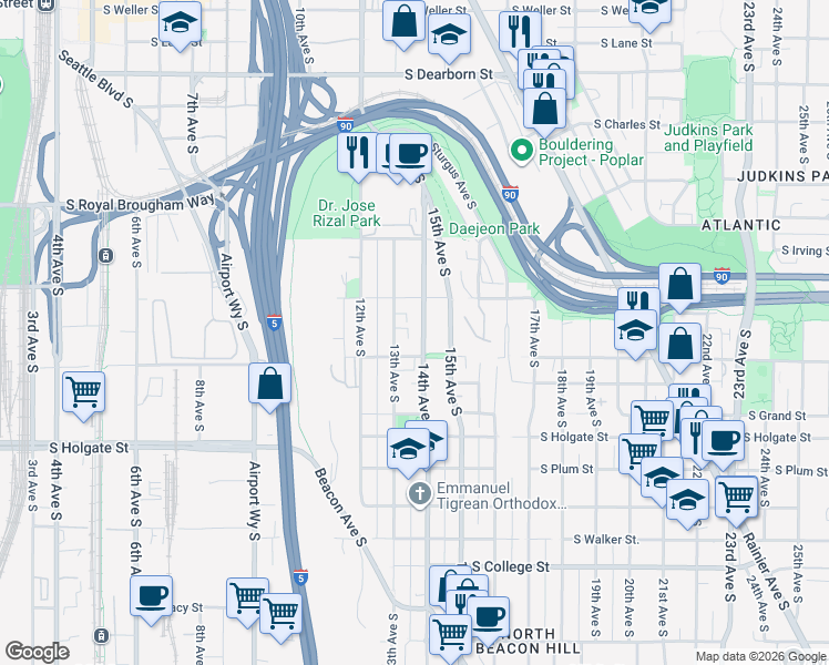 map of restaurants, bars, coffee shops, grocery stores, and more near 1530 14th Avenue South in Seattle
