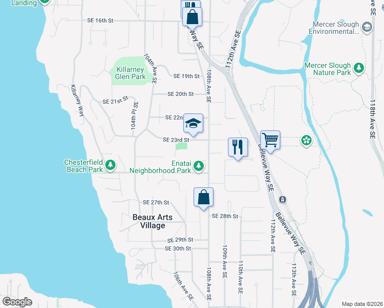 map of restaurants, bars, coffee shops, grocery stores, and more near 10700 Southeast 25th Street in Bellevue