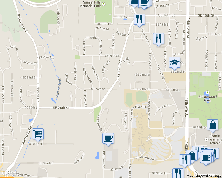 map of restaurants, bars, coffee shops, grocery stores, and more near SE 24th St & Kamber Rd in Bellevue