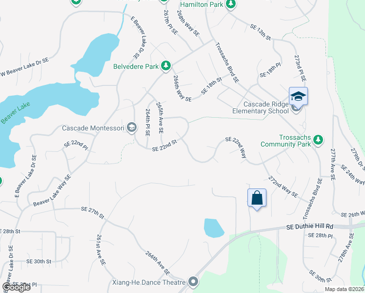 map of restaurants, bars, coffee shops, grocery stores, and more near 26621 Southeast 22nd Way in Sammamish