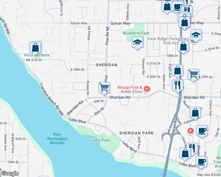 map of restaurants, bars, coffee shops, grocery stores, and more near 2800 Pine Road Northeast in Bremerton