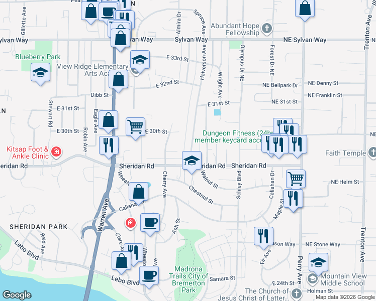 map of restaurants, bars, coffee shops, grocery stores, and more near 2821 Halverson Avenue in Bremerton