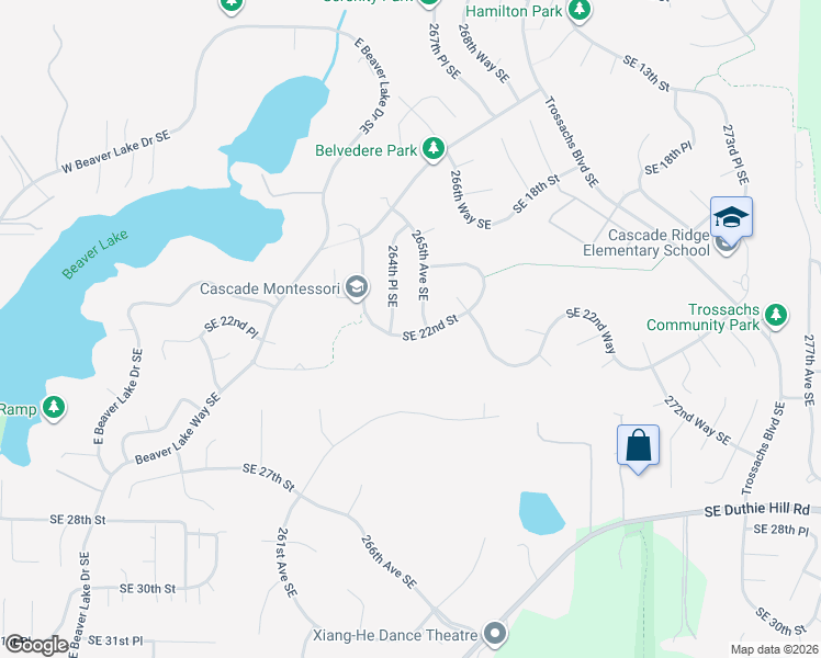 map of restaurants, bars, coffee shops, grocery stores, and more near 26430 Southeast 22nd Street in Sammamish