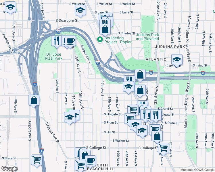 map of restaurants, bars, coffee shops, grocery stores, and more near 1533 18th Avenue South in Seattle