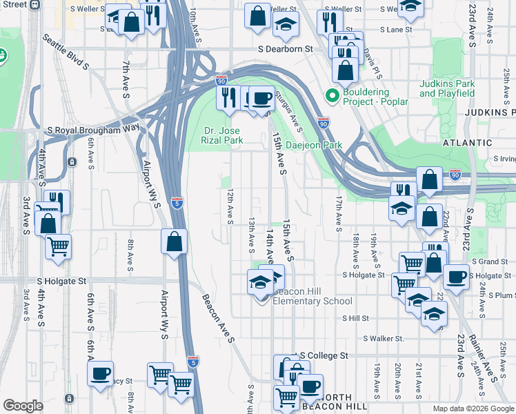 map of restaurants, bars, coffee shops, grocery stores, and more near 1538 13th Avenue South in Seattle