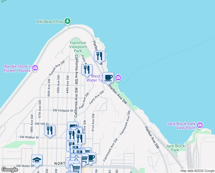 map of restaurants, bars, coffee shops, grocery stores, and more near 1569 Ferry Avenue Southwest in Seattle