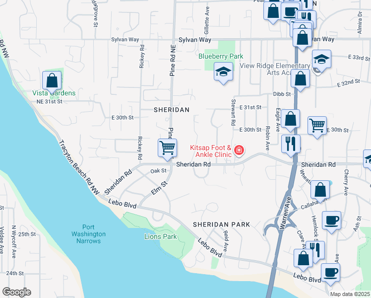 map of restaurants, bars, coffee shops, grocery stores, and more near 622 Sheridan Road in Bremerton