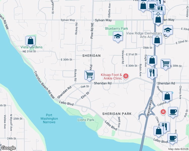 map of restaurants, bars, coffee shops, grocery stores, and more near 2732 Pine Road Northeast in Bremerton