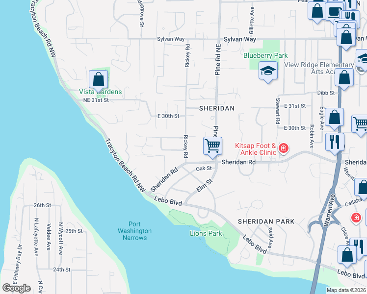 map of restaurants, bars, coffee shops, grocery stores, and more near 339 East 28th Street in Bremerton