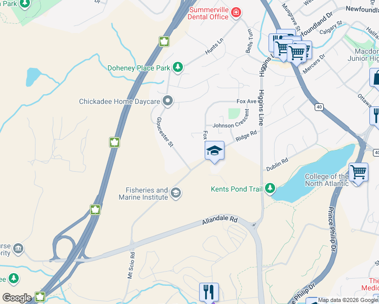 map of restaurants, bars, coffee shops, grocery stores, and more near 52 Ridge Road in St. John's