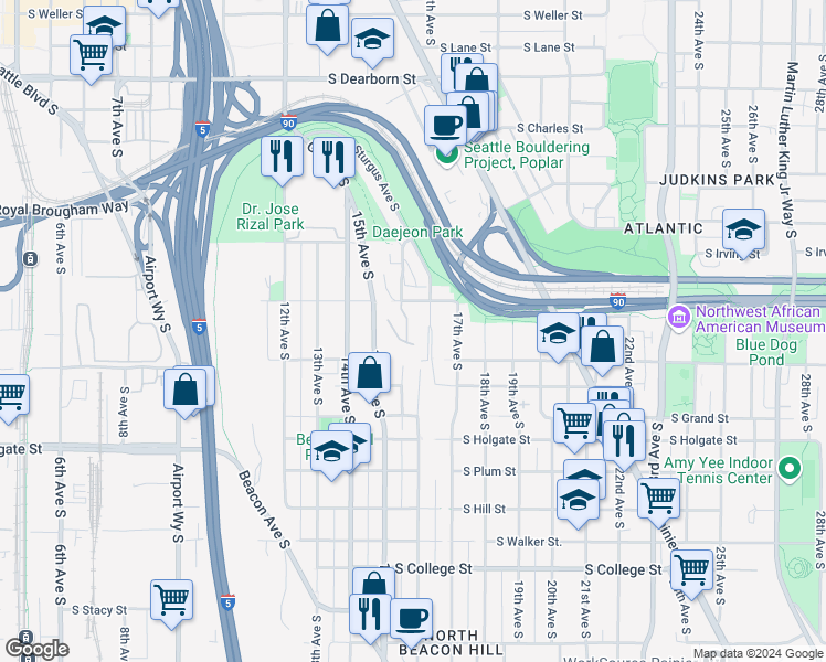 map of restaurants, bars, coffee shops, grocery stores, and more near 1540 Cherrylane Avenue South in Seattle