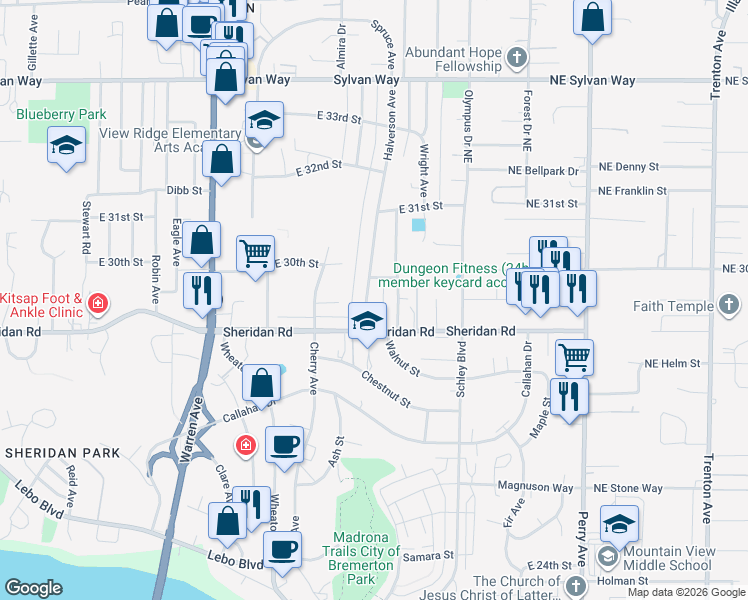 map of restaurants, bars, coffee shops, grocery stores, and more near 2820 Halverson Avenue in Bremerton