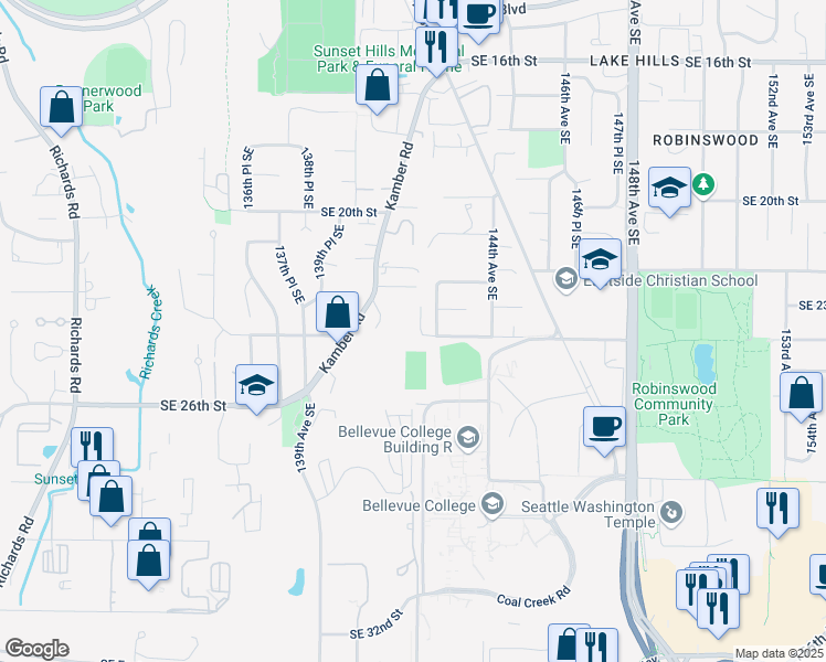 map of restaurants, bars, coffee shops, grocery stores, and more near 14190 Southeast 24th Street in Bellevue