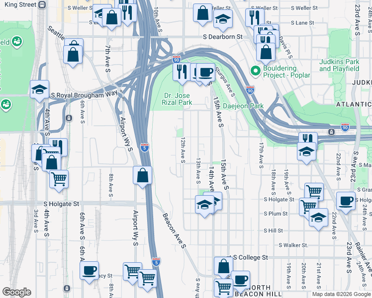 map of restaurants, bars, coffee shops, grocery stores, and more near 1520 12th Avenue South in Seattle