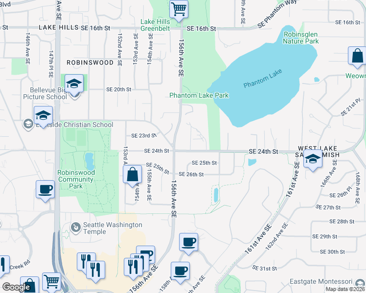 map of restaurants, bars, coffee shops, grocery stores, and more near 15621 Southeast 24th Street in Bellevue