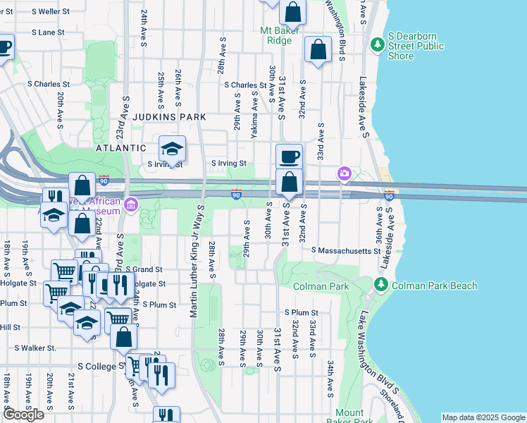 map of restaurants, bars, coffee shops, grocery stores, and more near 1512 30th Avenue South in Seattle