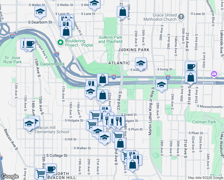 map of restaurants, bars, coffee shops, grocery stores, and more near 1517 22nd Avenue South in Seattle
