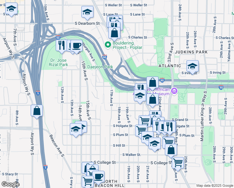 map of restaurants, bars, coffee shops, grocery stores, and more near 1533 18th Avenue South in Seattle