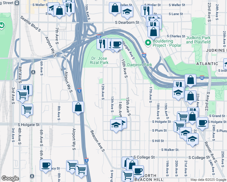 map of restaurants, bars, coffee shops, grocery stores, and more near 1538 13th Avenue South in Seattle