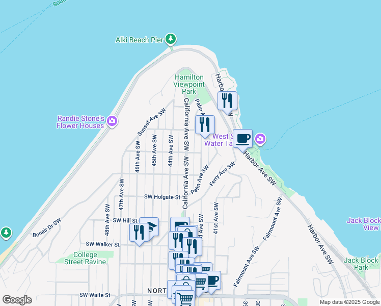 map of restaurants, bars, coffee shops, grocery stores, and more near 1609C California Avenue Southwest in Seattle