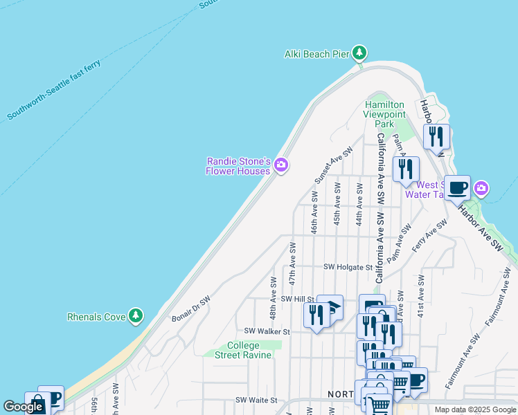 map of restaurants, bars, coffee shops, grocery stores, and more near 1564 Alki Avenue Southwest in Seattle