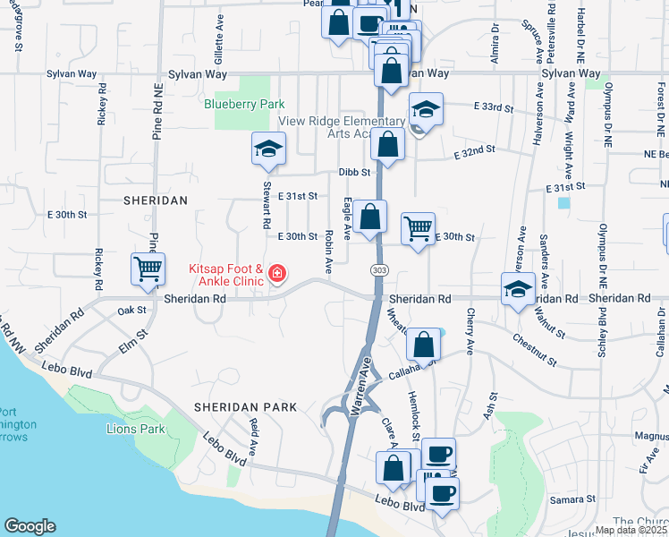 map of restaurants, bars, coffee shops, grocery stores, and more near 1026 Sheridan Road in Bremerton