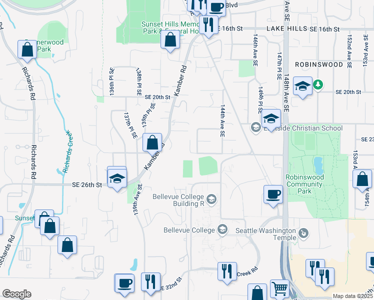 map of restaurants, bars, coffee shops, grocery stores, and more near 14190 Southeast 24th Street in Bellevue