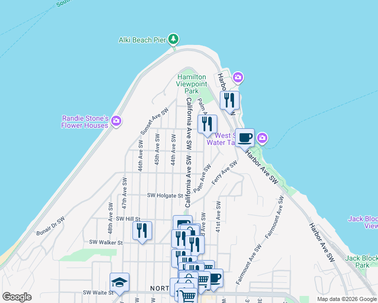 map of restaurants, bars, coffee shops, grocery stores, and more near California Avenue Southwest & Southwest Seattle Street in Seattle