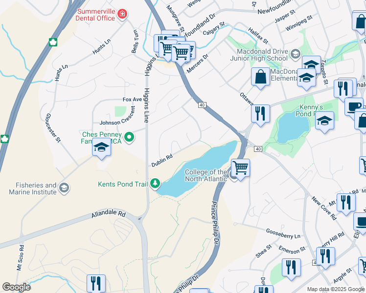 map of restaurants, bars, coffee shops, grocery stores, and more near 15 Dublin Road in St. John's