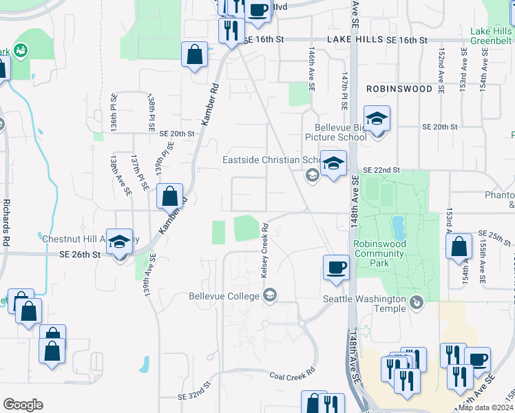 map of restaurants, bars, coffee shops, grocery stores, and more near 14236 Southeast 24th Street in Bellevue